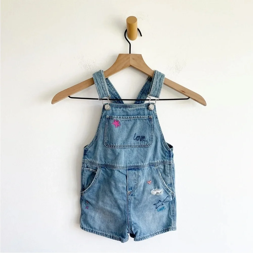 Baby Gap Distress Jean Denim Overalls Embroidered Stars and Hearts Size 4 Years